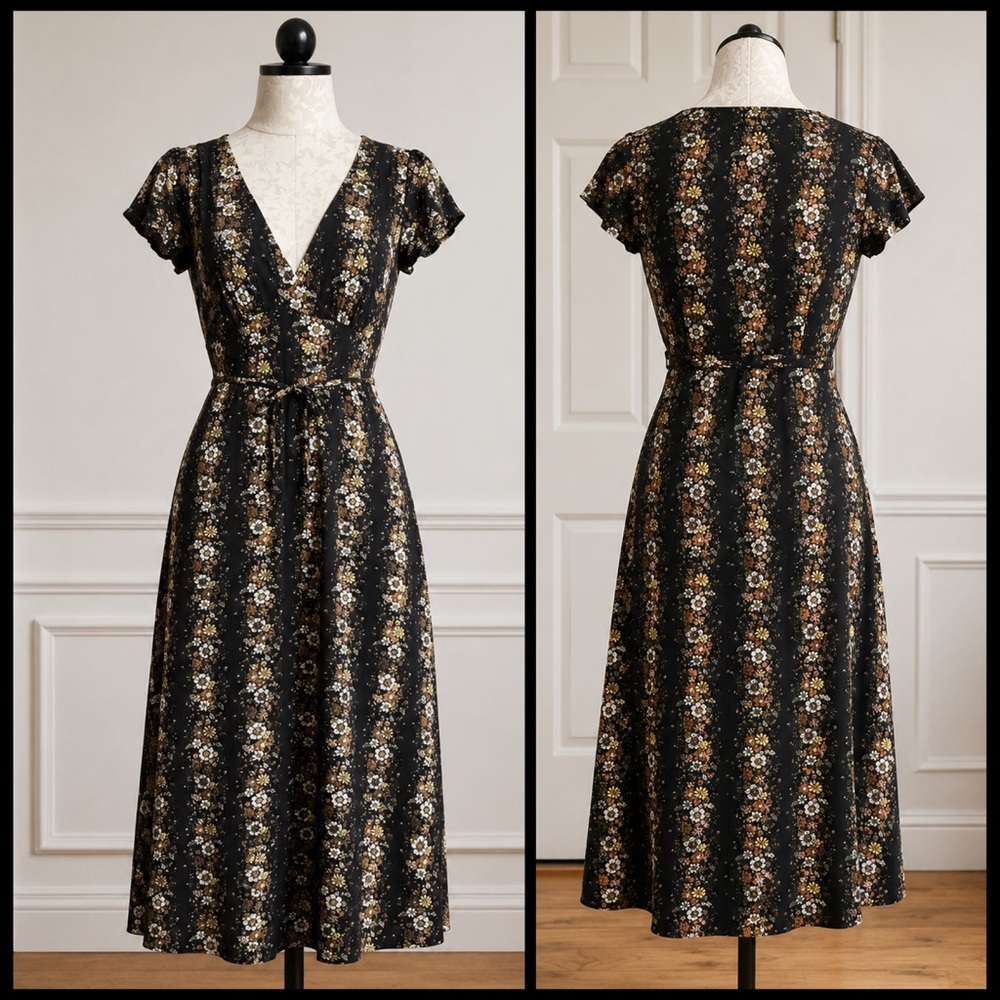 Forever 21 Black Midi Dress with Gold and Cream Floral Stripes